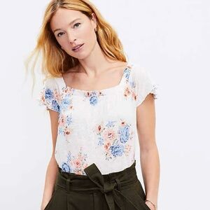 Loft Womens 100% Linen Floral Blossom Smocked Flutter Sleeve Top Small Cream